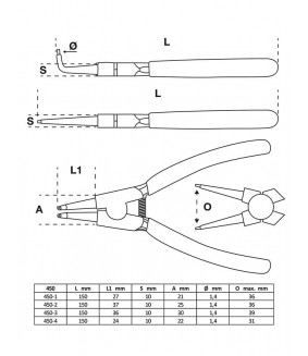 Jeu de 4 pinces à circlips BGS 150 mm