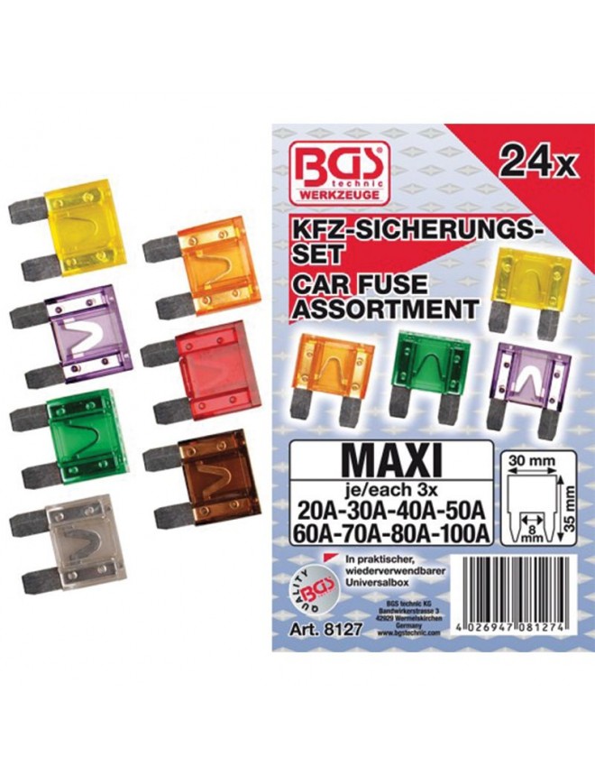 Assortiment de fusibles auto maxi BGS - 24 pièces